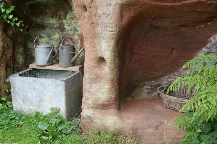 Reused household water being poured into a garden bed.