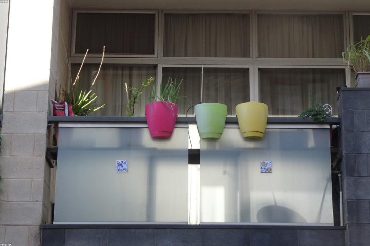 A small apartment balcony garden with herbs and rainwater collection.